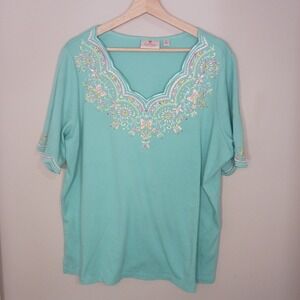 Quacker Factory Floral Embroidered Butterfly Cotton Short Sleeve Top Size 1X